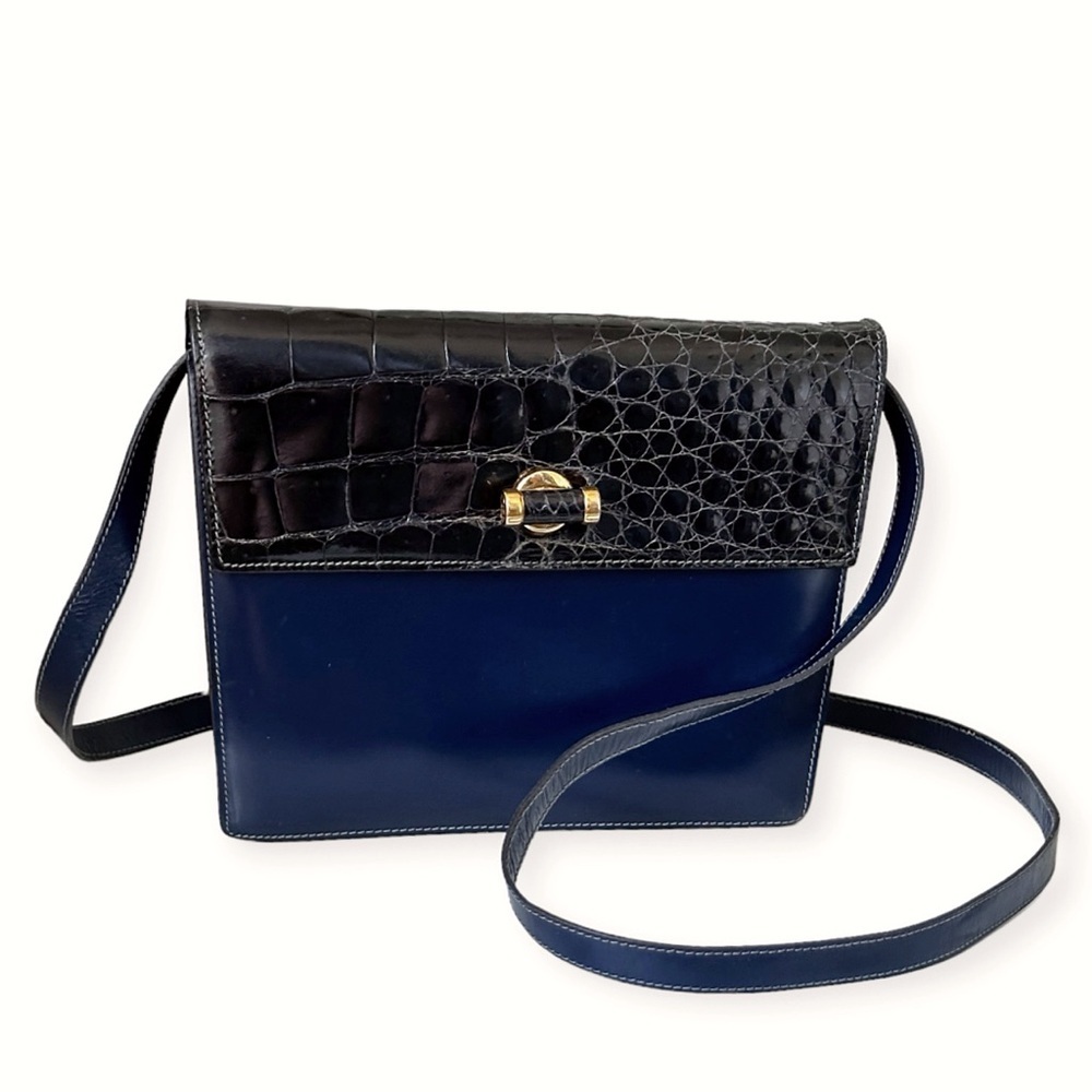 RARE 70s Gucci Vintage Blue Leather & Crocodile Crossbody Bag Amazing Condition - Picture 3 of 16